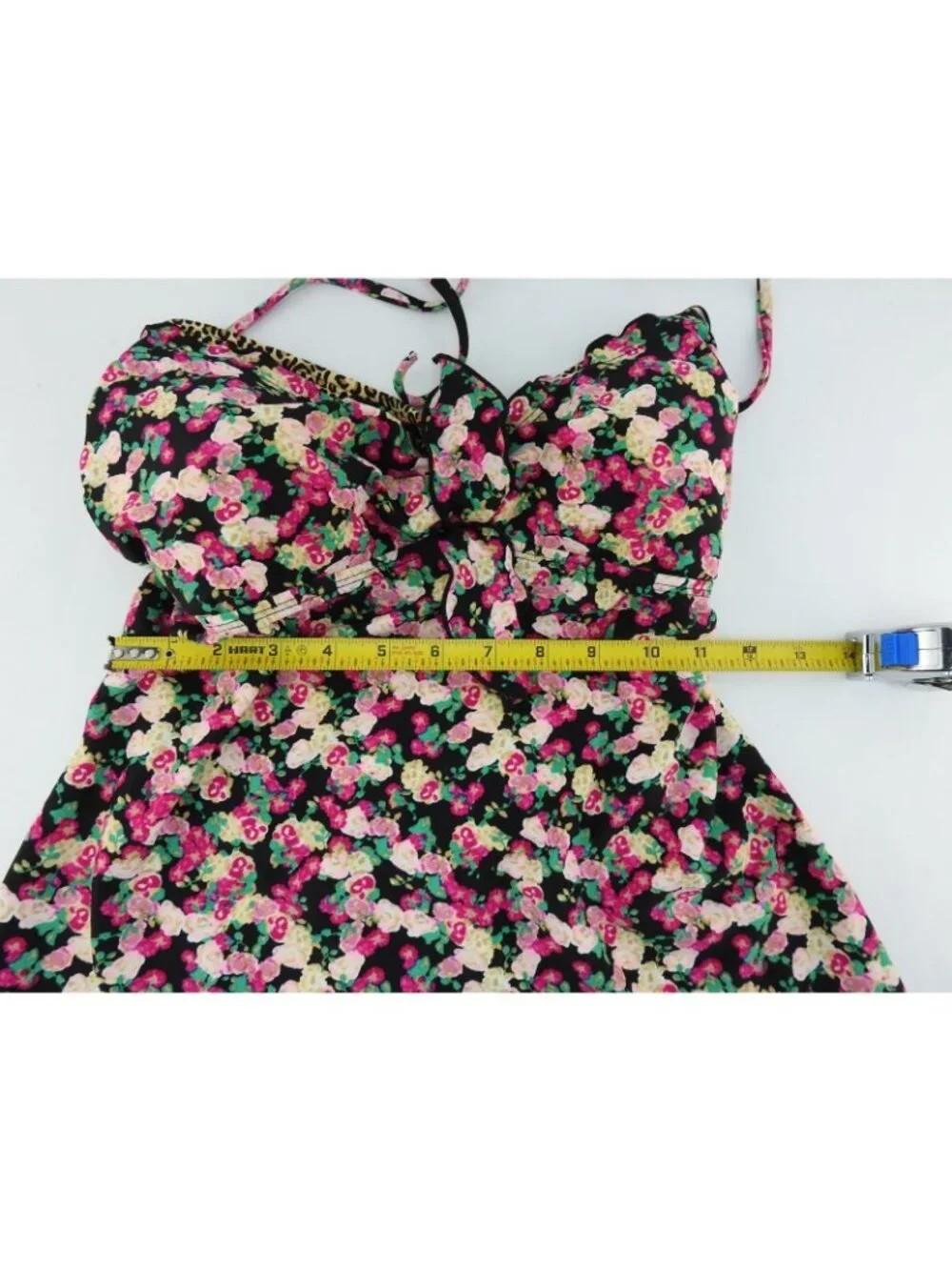 Vintage Candies Floral Leopard Trim Tankini Top XL Black Pink Halter Swim Y2K - Picture 6 of 9